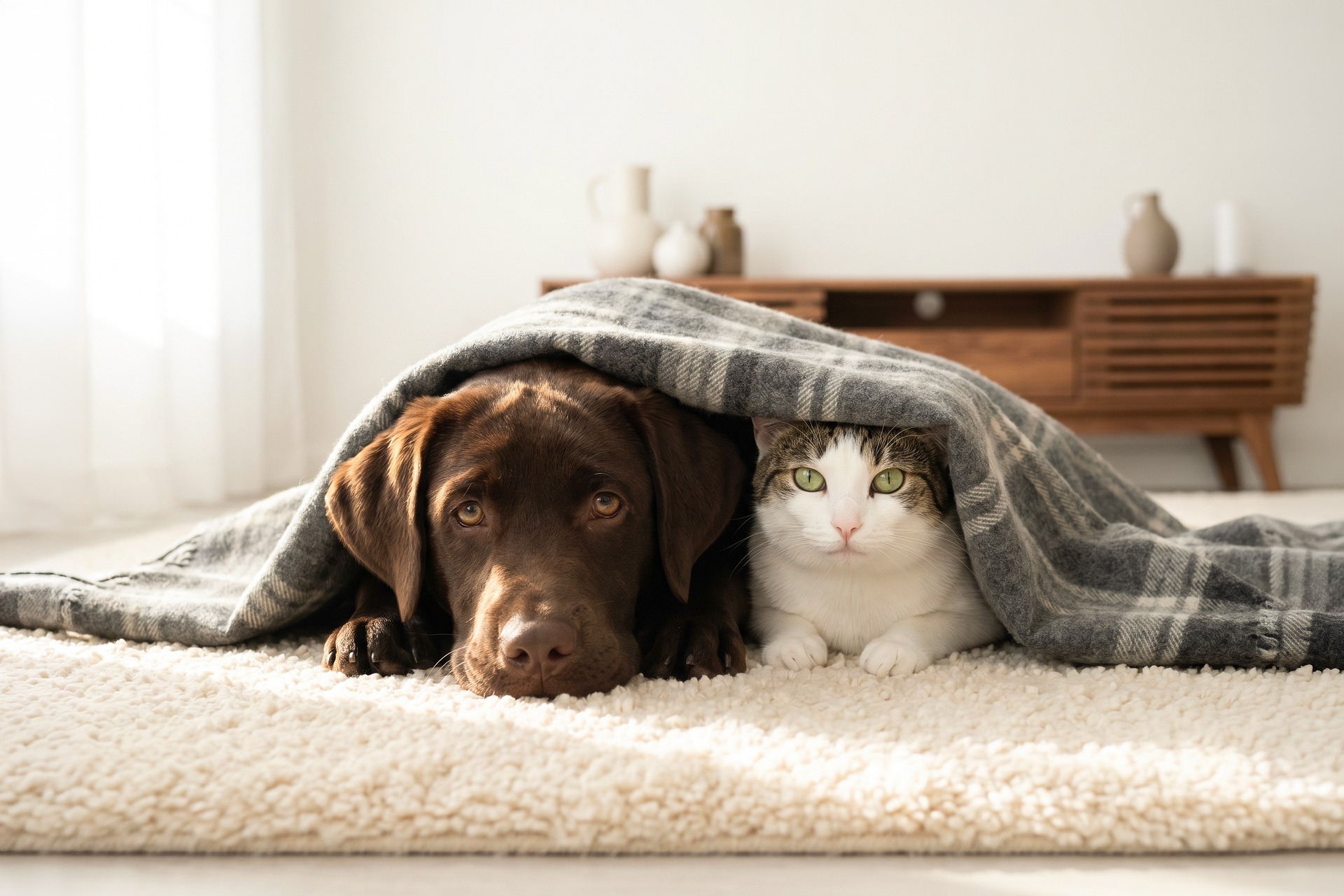 A chocolate labrador and a cat resting together under a cosy blanket indoors